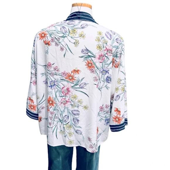Cupio Floral Kimono Cardigan Top Open Front Boho Striped Navy Trim Size L - Picture 4 of 9